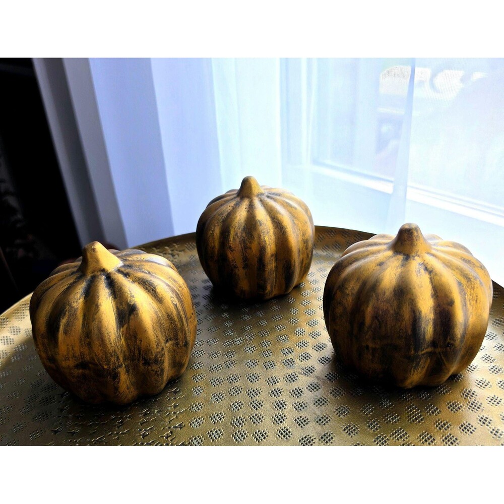 Handpainted Bronze Toned Ceramic Pumpkin Trio